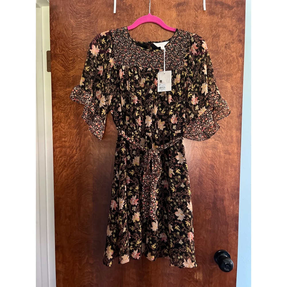 NEW LC Lauren Conrad Babydoll Dress Women Small Black Floral Smocked WL13Y030RP